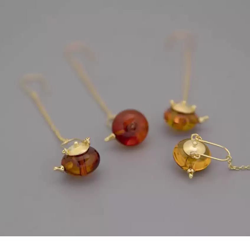 925 Sterling Silver Amber Teapot Dangle Earrings Handmade Chain Drop Unique-the-taste.com