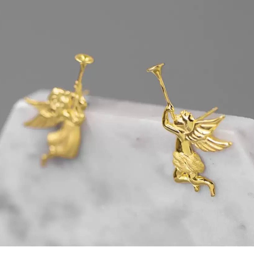 925 Sterling Silver Angel Horn Trumpet Stud Earrings Celestial Wing Christmas Gift Handmade-the-taste.com