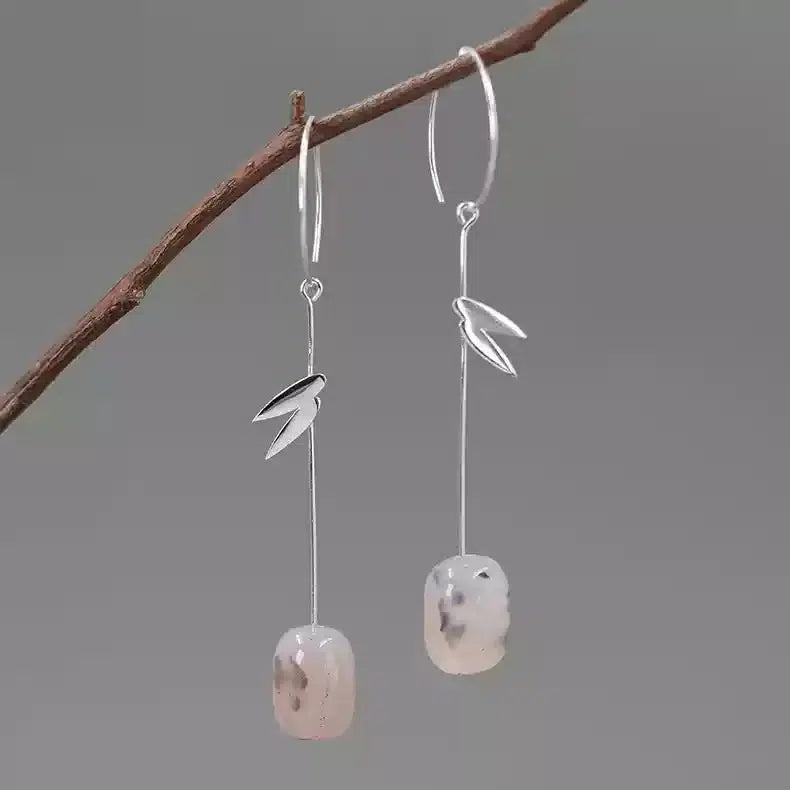 925 Sterling Silver Bamboo Leaf Agate Dangle Earrings Handmade-the-taste.com