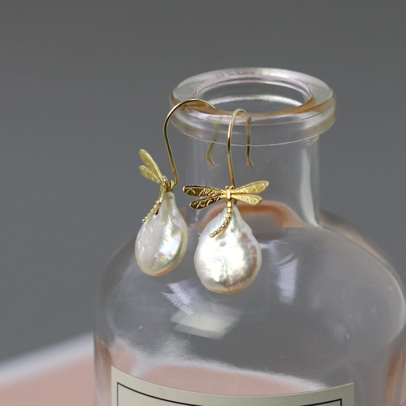 925 Sterling Silver Baroque Pearl Dragonfly Drop Earrings Gold Wings Handmade-the-taste.com