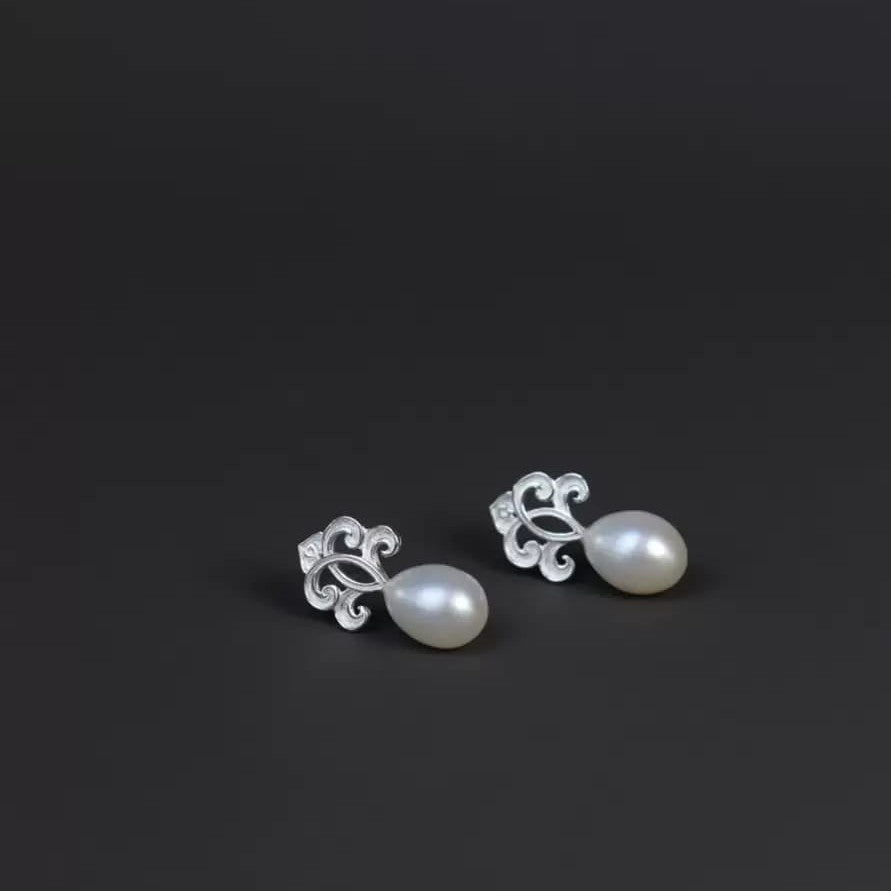 925 Sterling Silver Baroque Pearl Drop Earrings Vintage Scroll Filigree Stud Elegant-the-taste.com