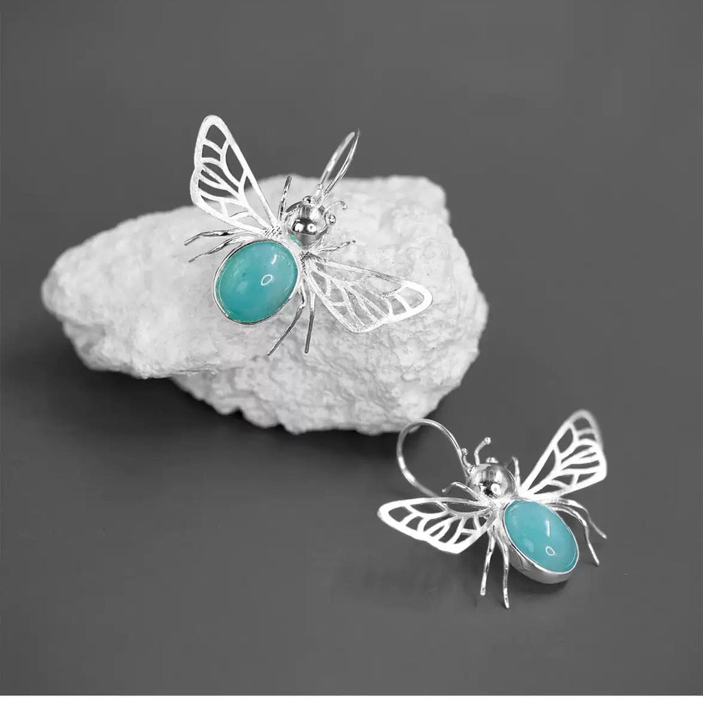 925 Sterling Silver Bee Earrings Amazonite Gemstone Wings Handmade Insect Studs-the-taste.com