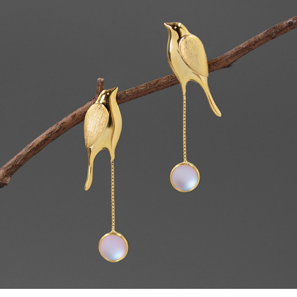 925 Sterling Silver Bird Drop Earrings Moonstone Pearl Dangle Branch Perched Birds-the-taste.com