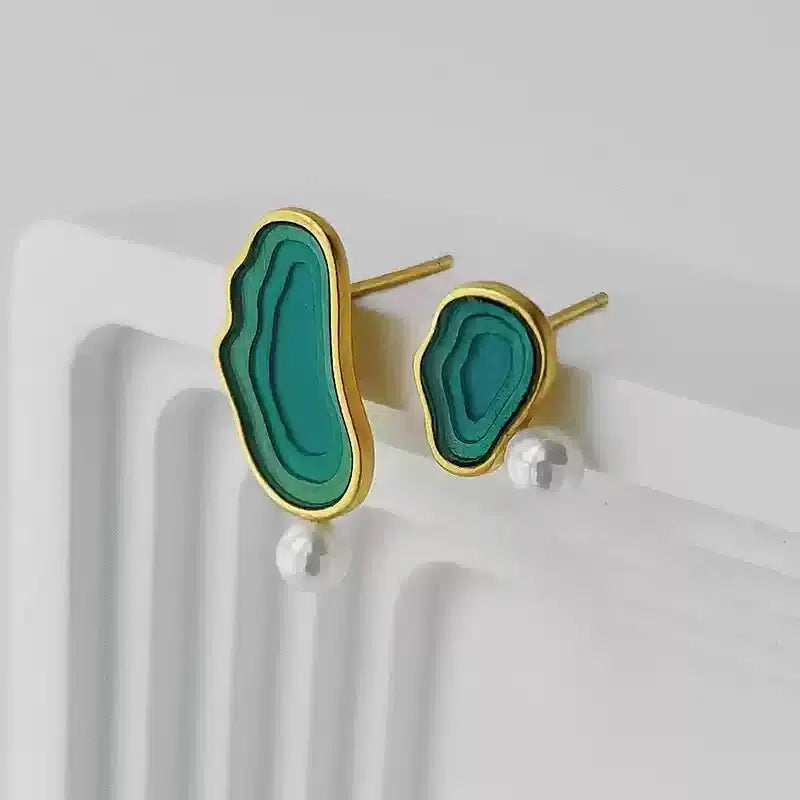 925 Sterling Silver Blue Enamel Wave Pearl Drop Stud Earrings Modern Art Deco Style-the-taste.com
