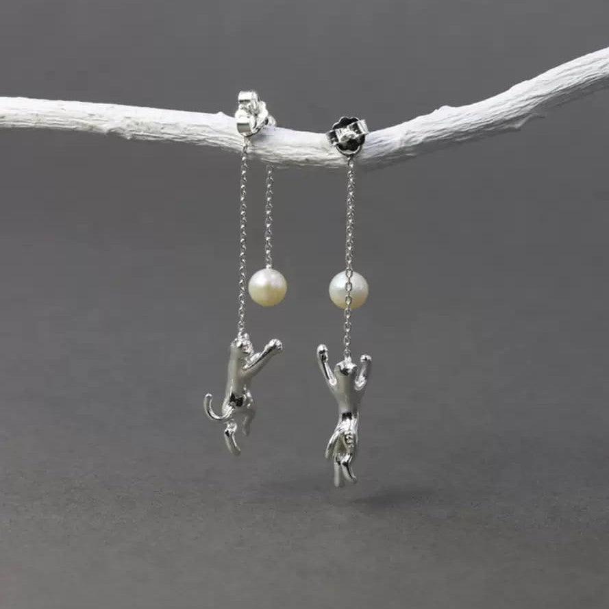 925 Sterling Silver Cat & Pearl Dangle Earrings - Pounce on the Moon Design-the-taste.com