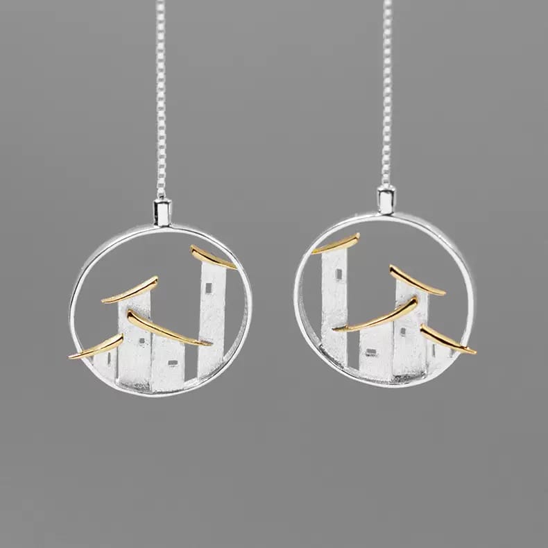 925 Sterling Silver Dangle Earrings Ancient House Architecture Art Minimalist Design-the-taste.com