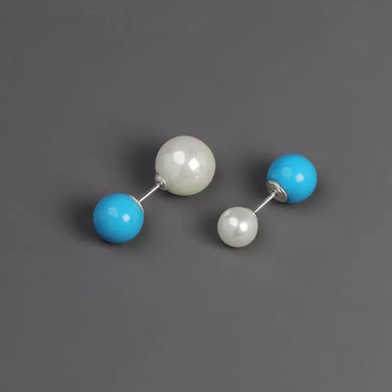 925 Sterling Silver Double Pearl Santorini Blue Tribal Stud Earrings Boho Summer Beach-the-taste.com