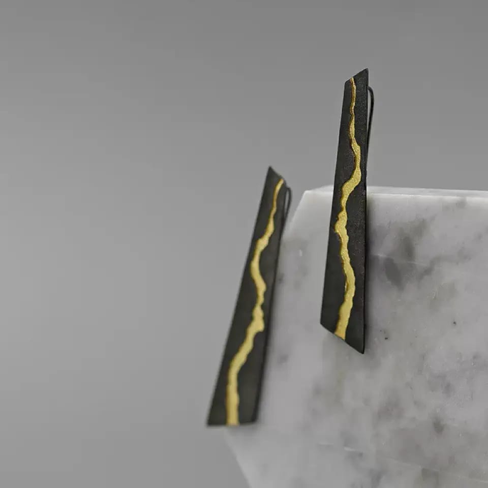 925 Sterling Silver Earrings Black Rhodium Gold Kintsugi Rift Valley Designer Studs-the-taste.com