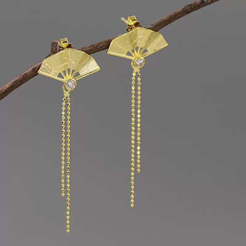 925 Sterling Silver Fan Emerald Drop Tassel Threader Earrings Dangle Chain Elegant-the-taste.com
