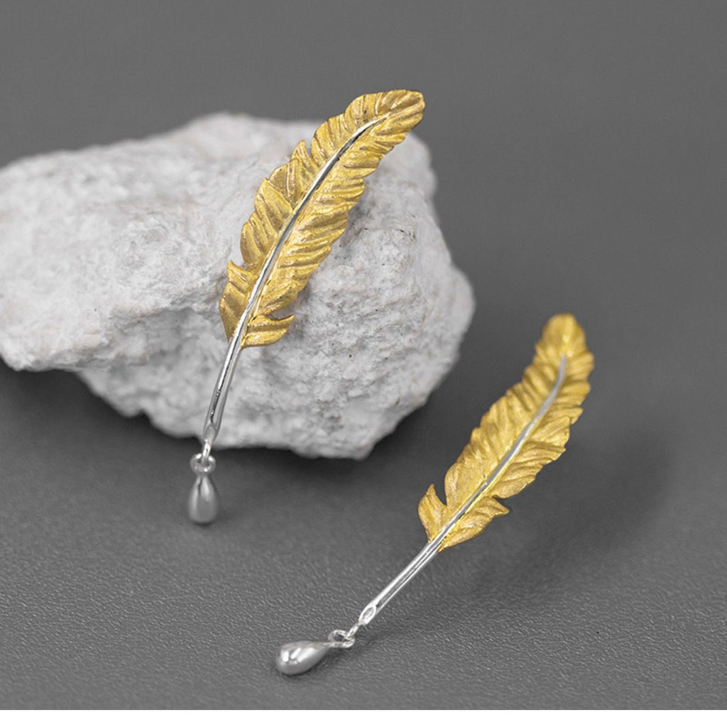 925 Sterling Silver Feather Quill Drop Earrings Two-Tone Gold Plated Dangle Vintage-the-taste.com