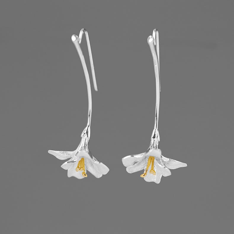 925 Sterling Silver Freesia Flower Drop Earrings Gold Stamens Handcrafted Dangle-the-taste.com