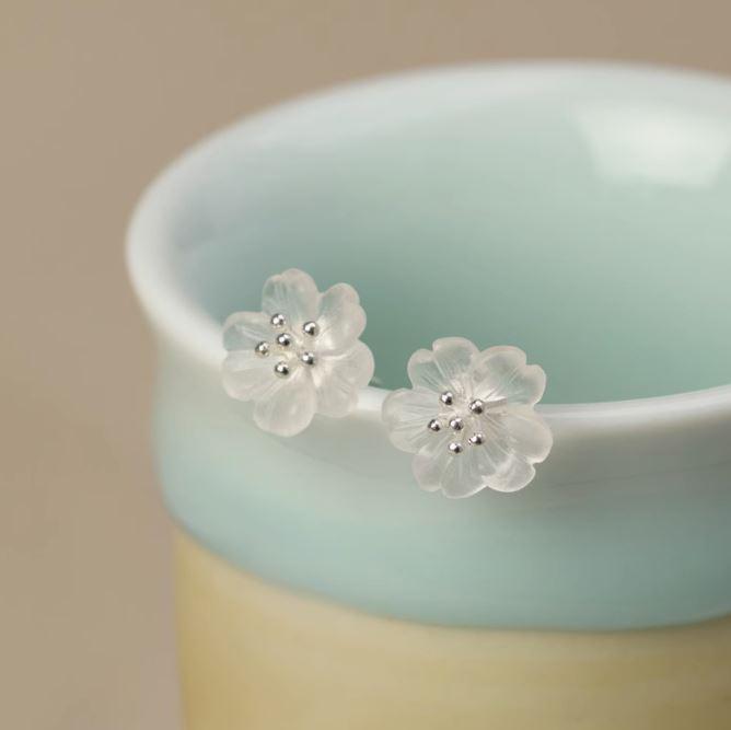 925 Sterling Silver Frosted Crystal Sakura Flower Stud Earrings Mountain Lotus-the-taste.com