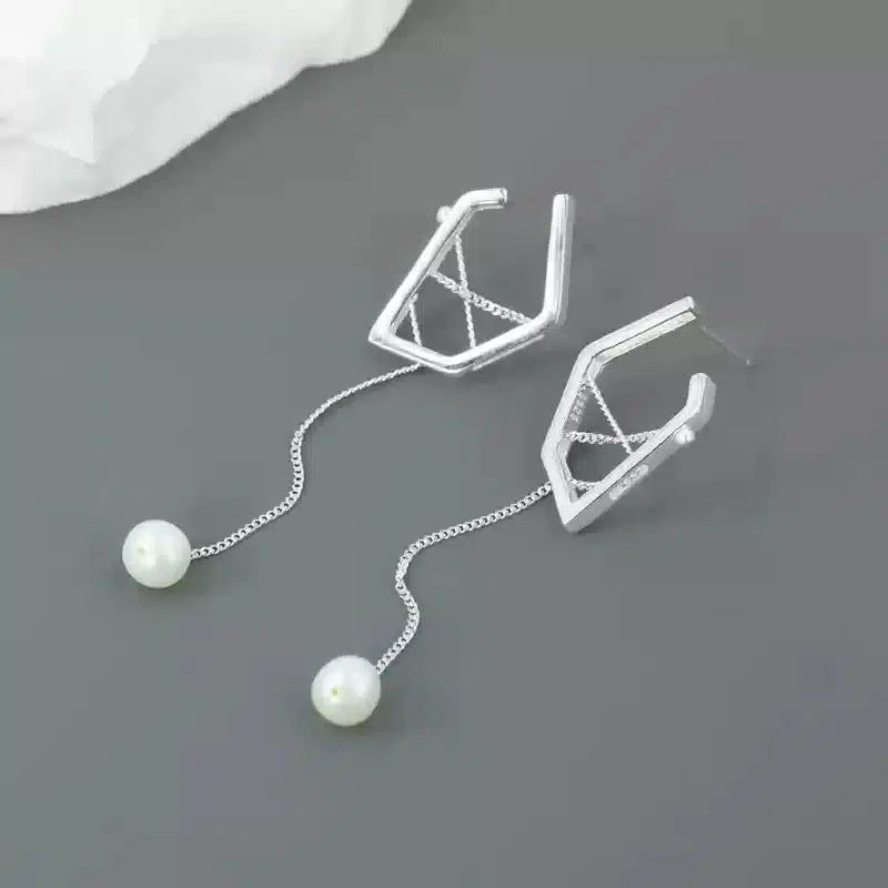 925 Sterling Silver Geometric Chain Drop Pearl Earrings Modern Design Dangle-the-taste.com