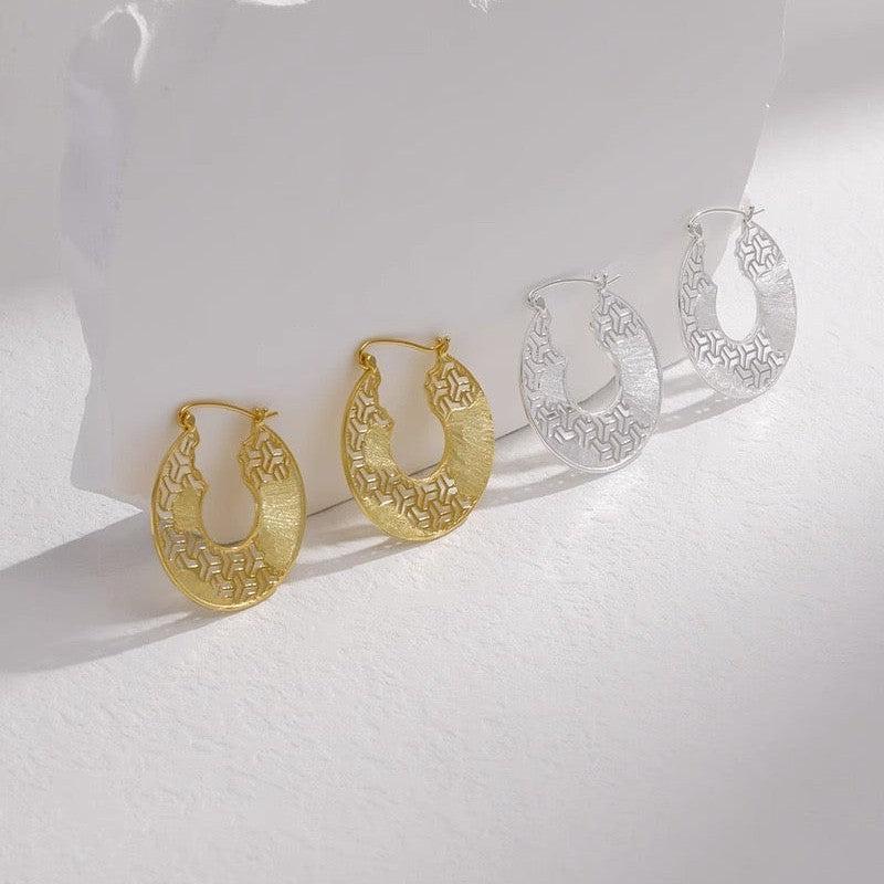 925 Sterling Silver Geometric Pattern Hoop Earrings Vintage Style Textured Tribal Boho-the-taste.com