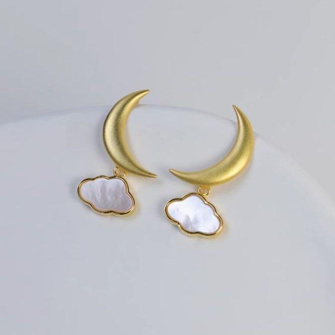 925 Sterling Silver Gold-Plated Crescent Moon and Cloud Stud Earrings-the-taste.com