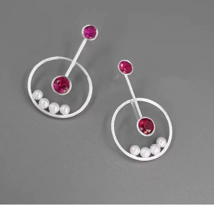925 Sterling Silver Gold Plated Pearl Dance Earrings Cubic Zirconia Movable Circle-the-taste.com