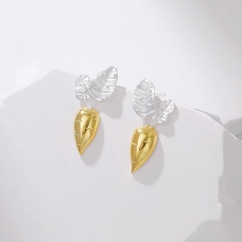 925 Sterling Silver Gold Plated Radish Earrings Two-Tone Leaf Design Studs Handmade-the-taste.com