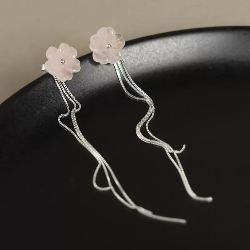925 Sterling Silver Pink Crystal Flower Earrings Threader Chain Detachable Dangle-the-taste.com